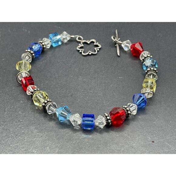 Vtg Sterling Silver 925 Crystal Multicolored Beaded Bracelet Sz 7 1/4" - Picture 3 of 7